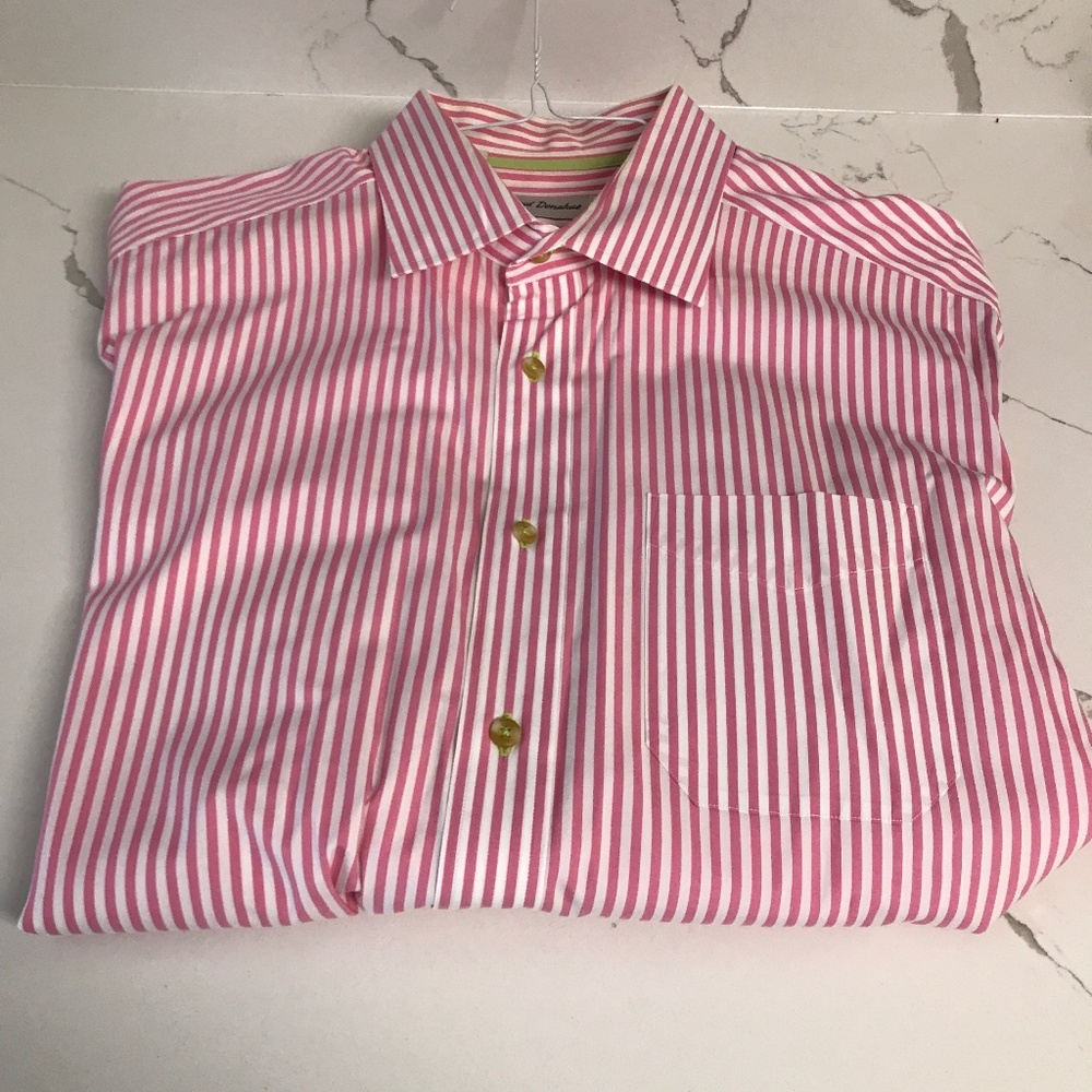David Donahue 100% Cotton Dress Shirt Long Sleeve Pink &White Stripe Men’s XL